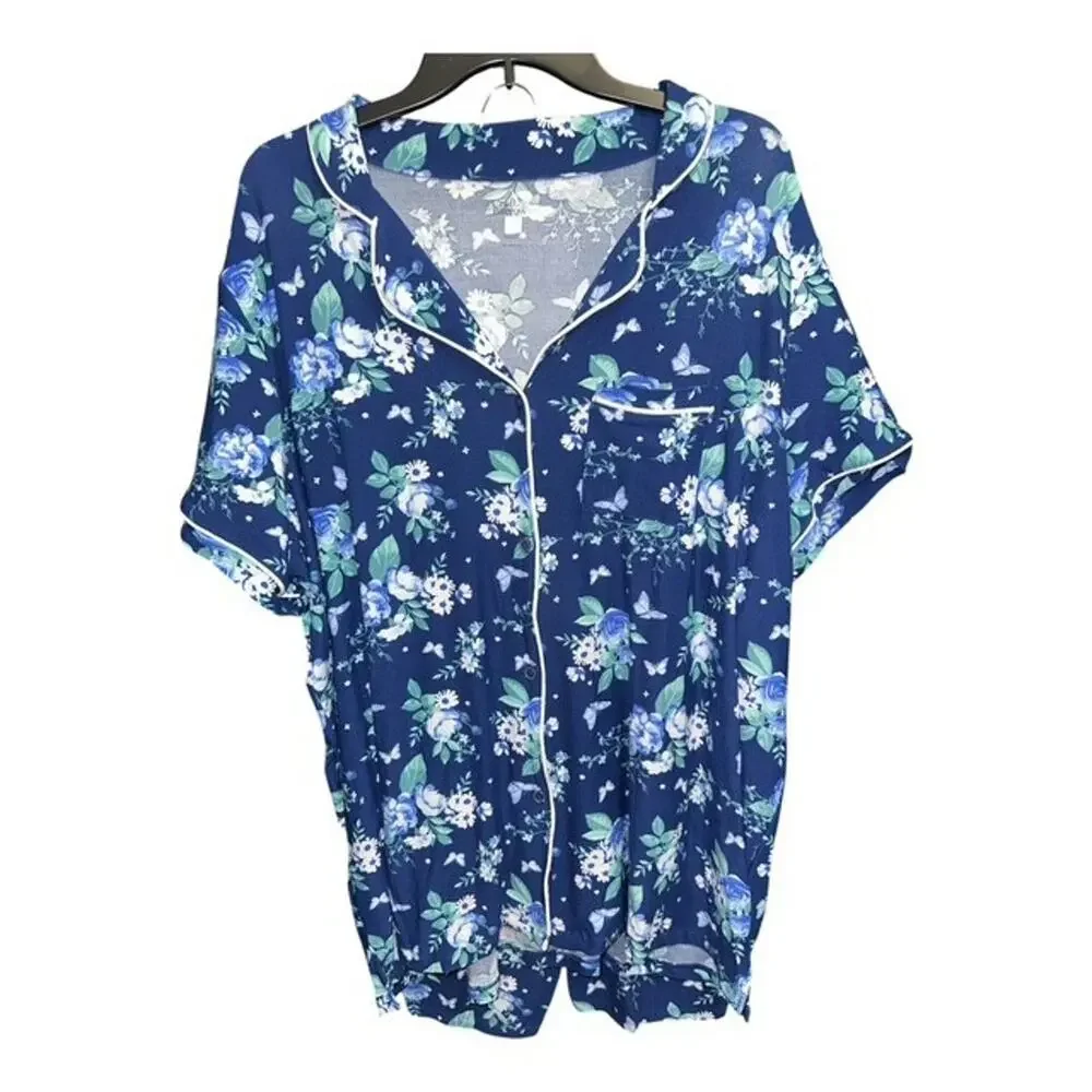 Croft Barrow 1X Pajamas Navy Blue Floral Crop Capri Pant Collar Button-Up Pocket